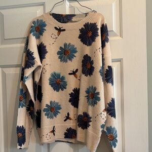 Floral Knit Sweater - Cream and Blue